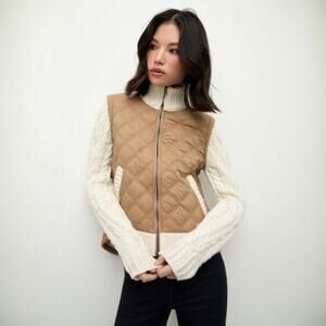 Veronica Beard Tan Quilted Vest with Cream Knit Sleeves